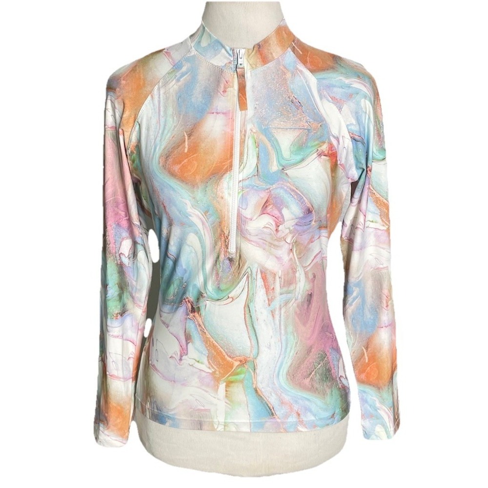 Calme‎ Johnny Was Marble Swim Shirt Surf Rashguard Top Half Zip Activewear M